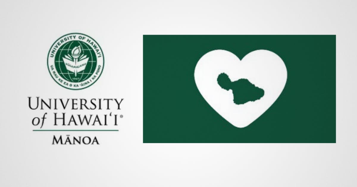 Graphic of the University of Hawai‘i at Mānoa logo next to an image of the island of Maui on a heart.