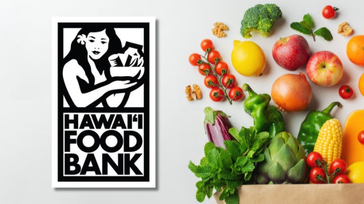 Image of Hawai‘i Foodbank Logo next to a grocery bag filled with produce