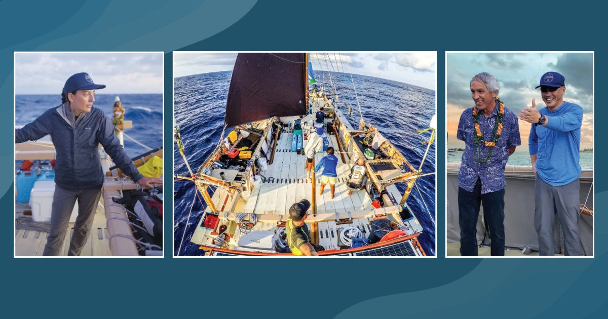 Composite photo of Lehua Kamalu, Hokulea crew, Nainoa Thompson, AJ Halagao