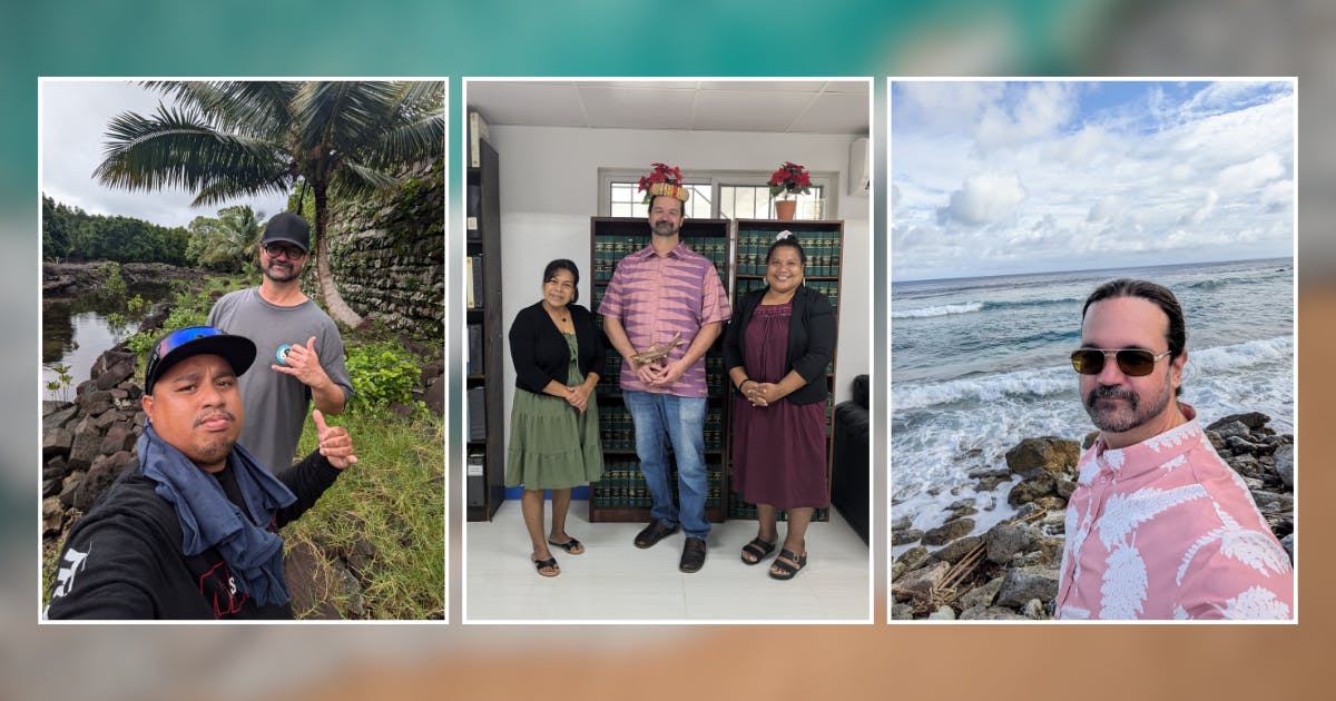 Composite of photos of David Kauila Kopper in the Republic of the Marshall Islands, Pohnpei, Chuuk in the Federated States of Micronesia, and Guam.