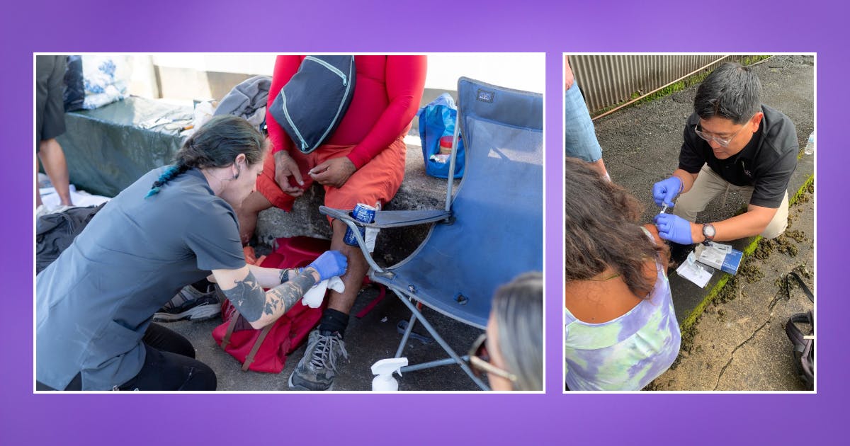 Composite photo of a doctor and nurse providing medication to people experiencing homelessness