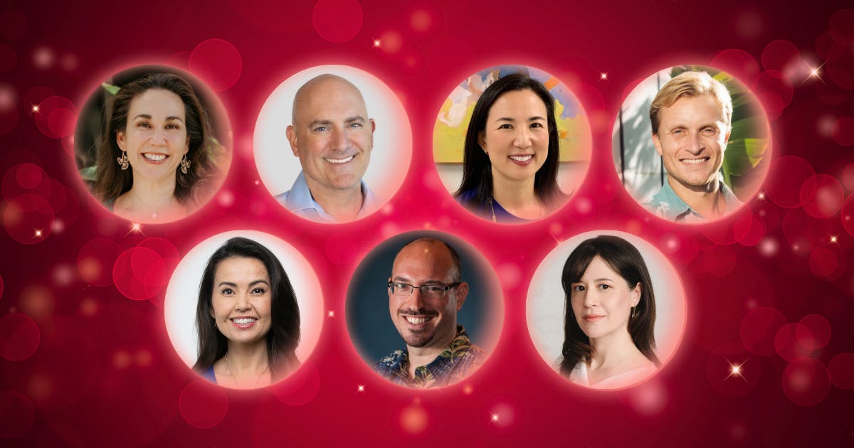 Composite photo of Katie Bennett, Yunji de Nies, Forest Frizzell, Alex Harris, Karen Lee, Aki Marceau, and George Yarbrough