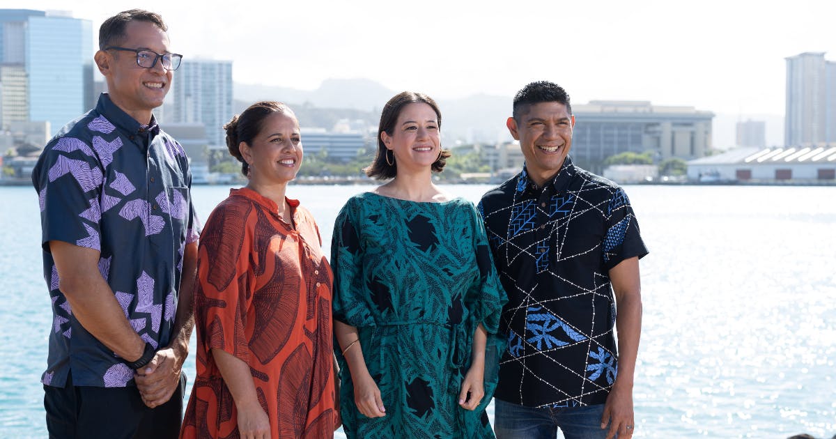 Photo of Omidyar Fellows Gabe Amey, Kanakolu Noa, Aki Marceau, and Ben Treviño