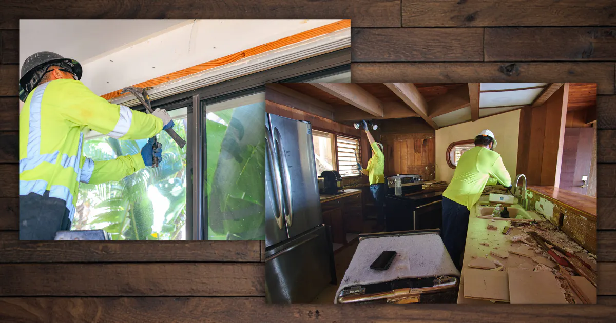 Photo of Re-use Hawai‘i workers at a deconstuction site.