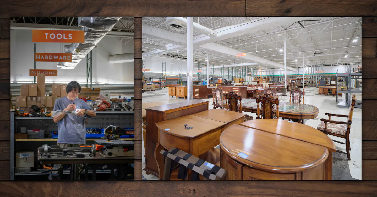 Photos of furniture, tools, and other materials available at the Re-use Hawai‘i store