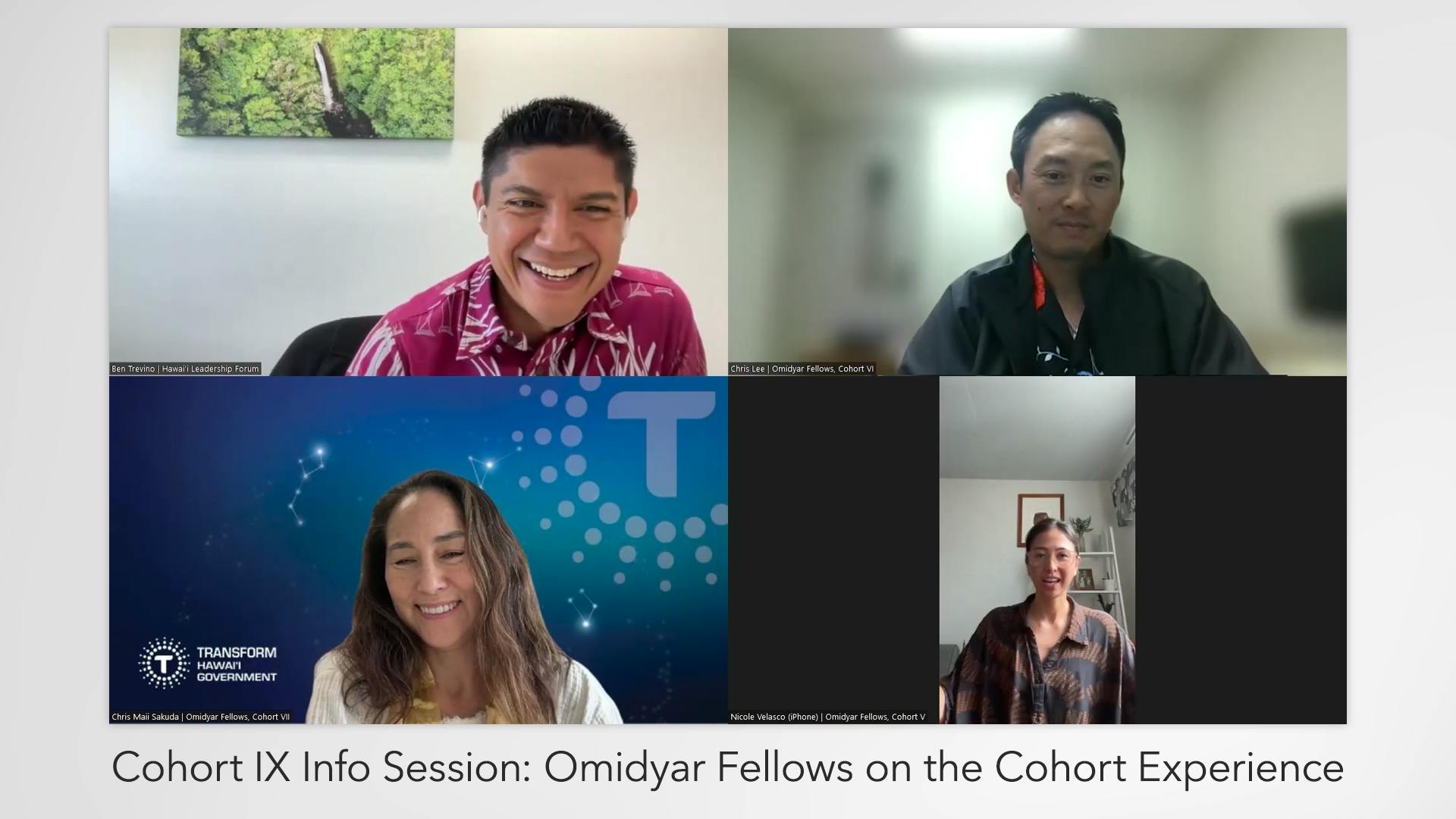 Image of Ben Treviño, Chris Lee, Chris Sakuda, and Nicole Velasco during the 2024 Hawai‘i Leadership Forum Info Session with text that reads "Cohort 9 Info Session: Omidyar Fellows on Transformation."