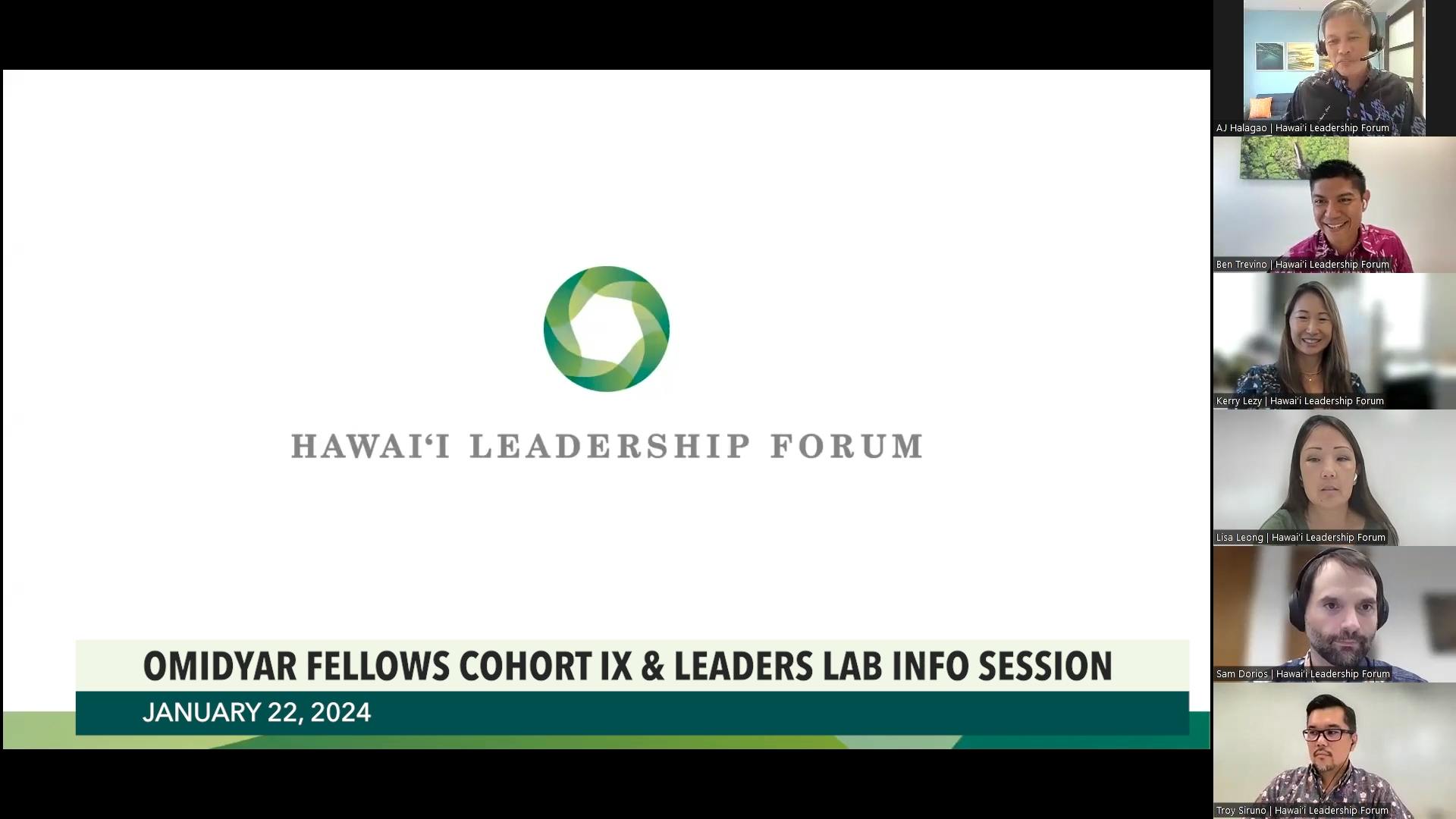 Image ofHawai‘i Leadership Forum Staff during the 2024 HLF Info Session with text that reads "Omidyar Fellows Cohort IX and Leaders Lab Info Session.""