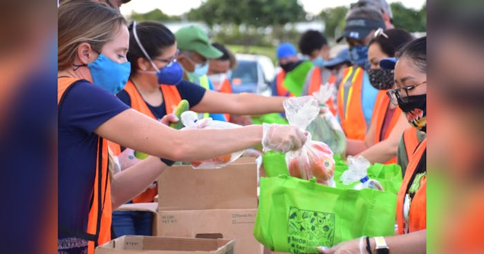 Photo of a line of Hawai‘i Foodbank volunteers preparing bags of food for distribution