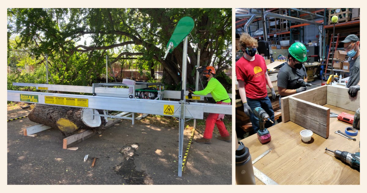 Left: Photo of a person cutting down a large tree into smaller pieces. Right: Photo of a group of people using tools to build something made of wood.