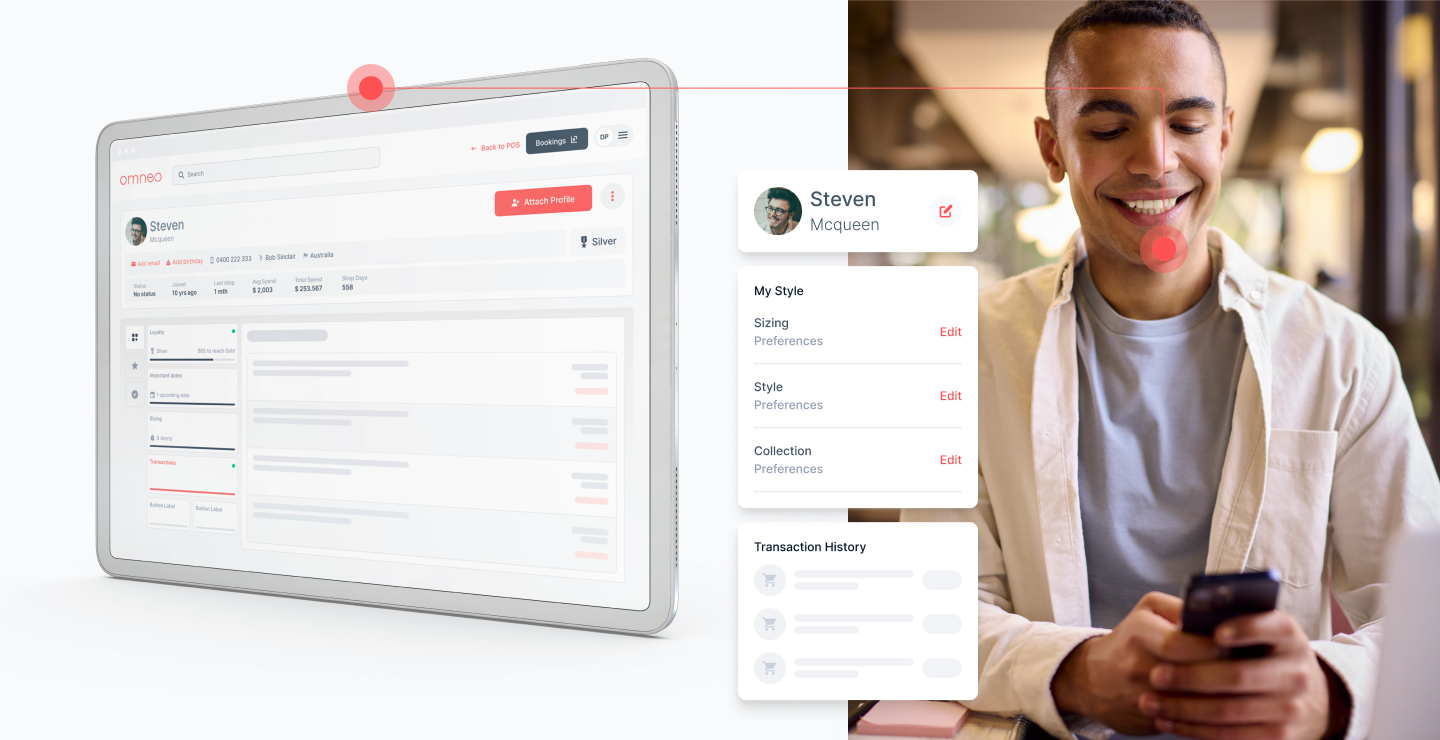 Create and enrich customer profiles profile dashboard on omneo with a happy customer looking