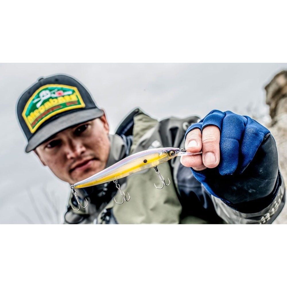 Megabass Vision 110 jerkbait held toward the camera