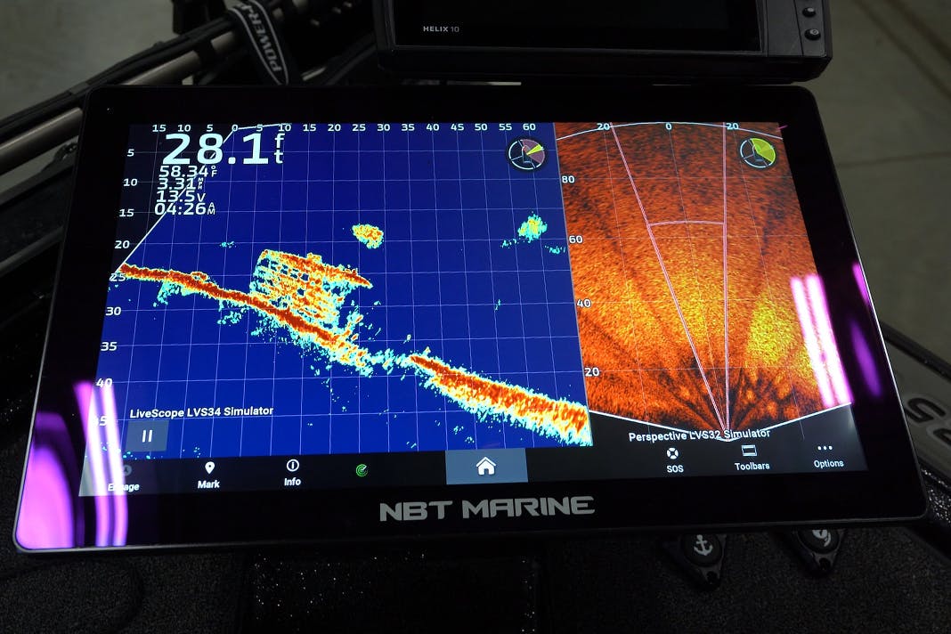 NBT Marine screen showing Garmin LiveScope in Forward and Perspective mode