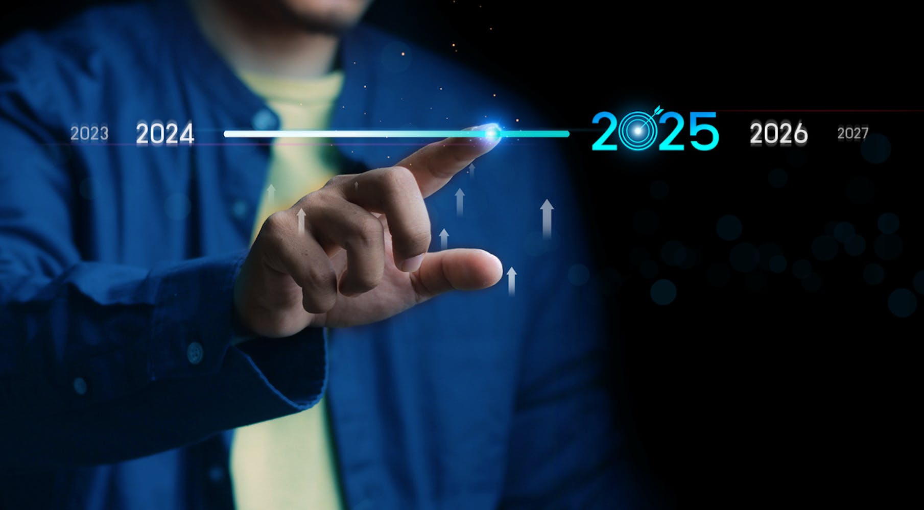 Finger dragging progress point between 2024 and 2025 on digital loading bar