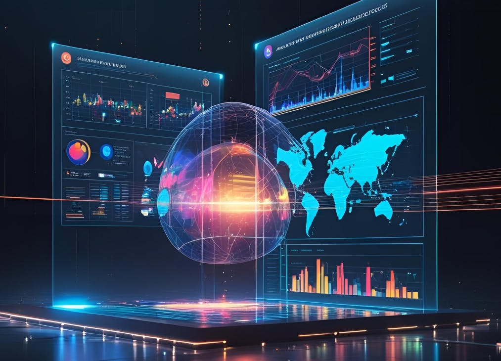 A clean, futuristic interface displaying an AI-generated M&A presentation. Digital charts, data overlays, and slide thumbnails are arranged in a structured layout, evoking speed, clarity, and automation. No human figures or text present. The visual reflects the efficiency and intelligence of AI tools like Tome, Canva, Gamma, and BeautifulAI in modern deal execution workflows