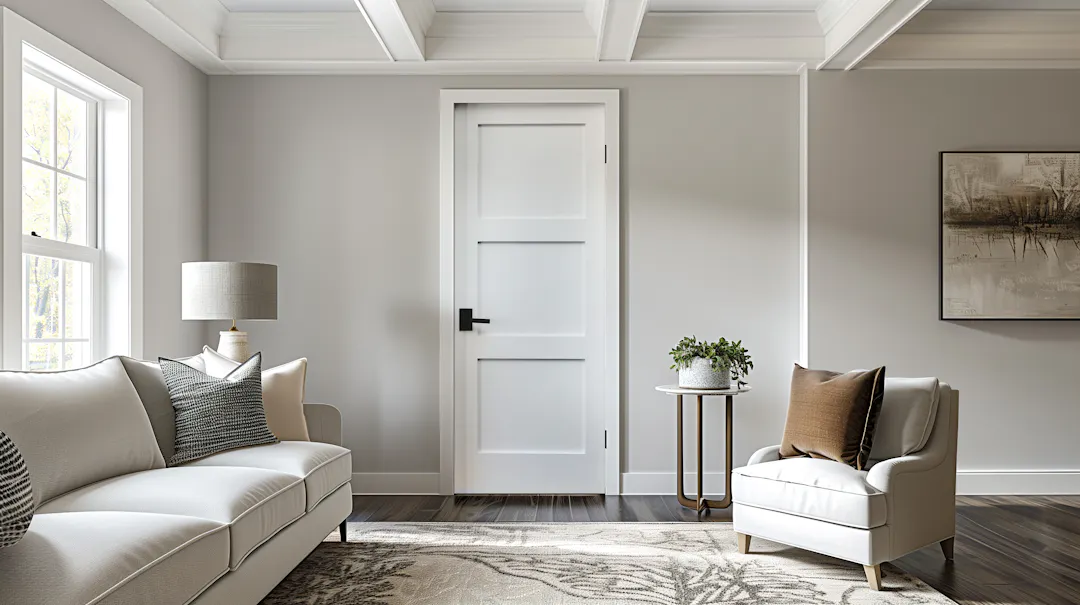 A three panel shaker door in a modern living room.
