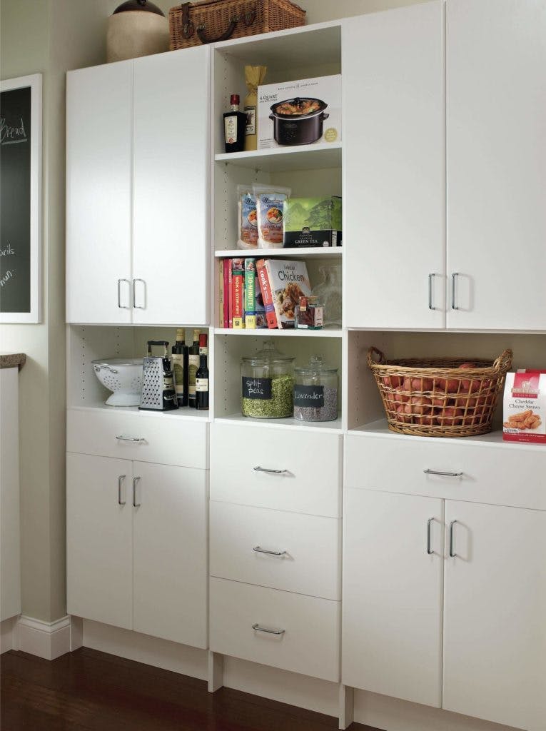 A white storage pantry in a new kitchen. A white storage pantry in a new kitchen.