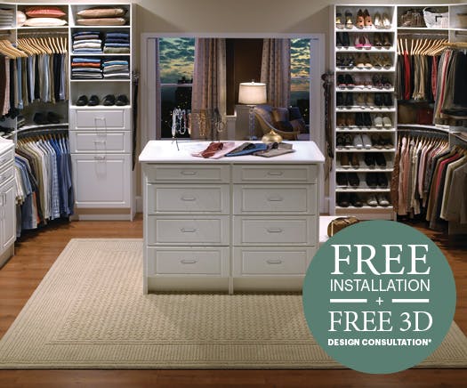 walk in closet organization system with promotion badge