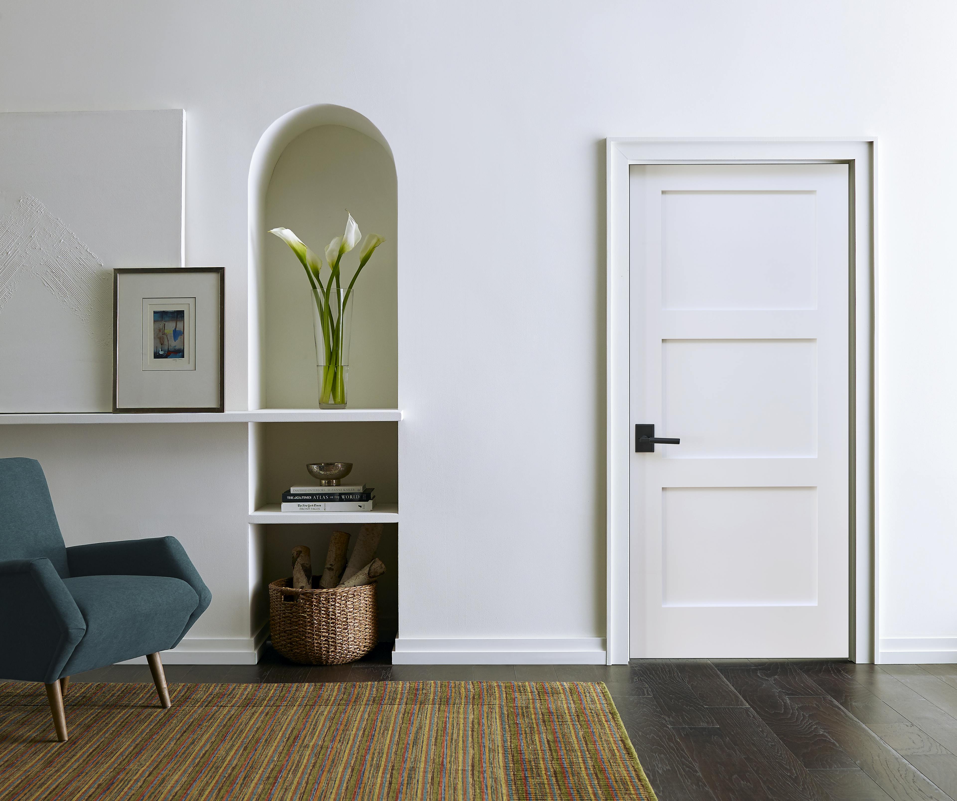 Modern living room with a bright interior door