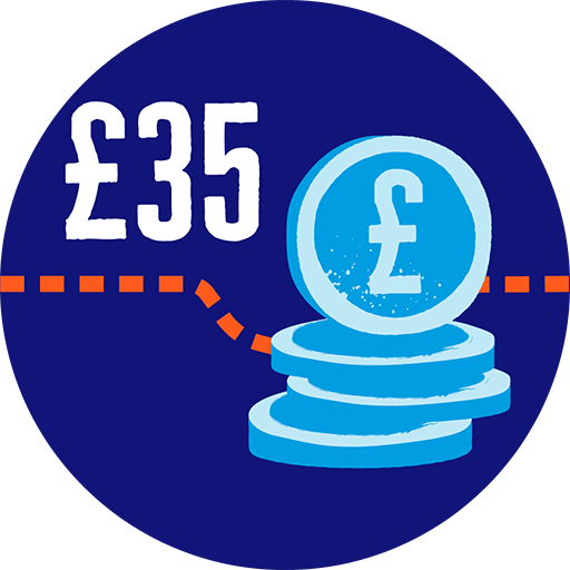 £35 badge with image coins stacked 