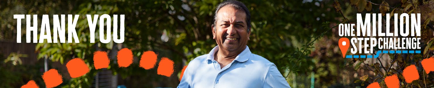 "thank you" in large letters across the top, the one million step logo and a photo of a man standing proudly outdoors