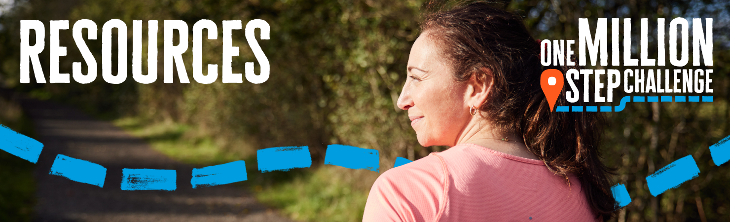 women in pink top smiling with the words 'resources' and the one million step logo 