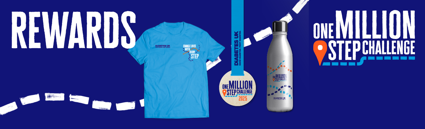 rewards banner with an example of what the t-shirt, medal and water bottle with look like with the one million step challenge logo 