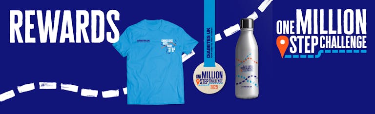 rewards banner with an example of what the t-shirt, medal and water bottle with look like with the one million step challenge logo