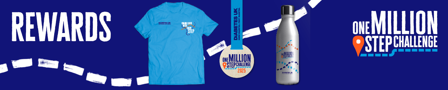 rewards banner with an example of what the t-shirt, medal and water bottle with look like with the one million step challenge logo 