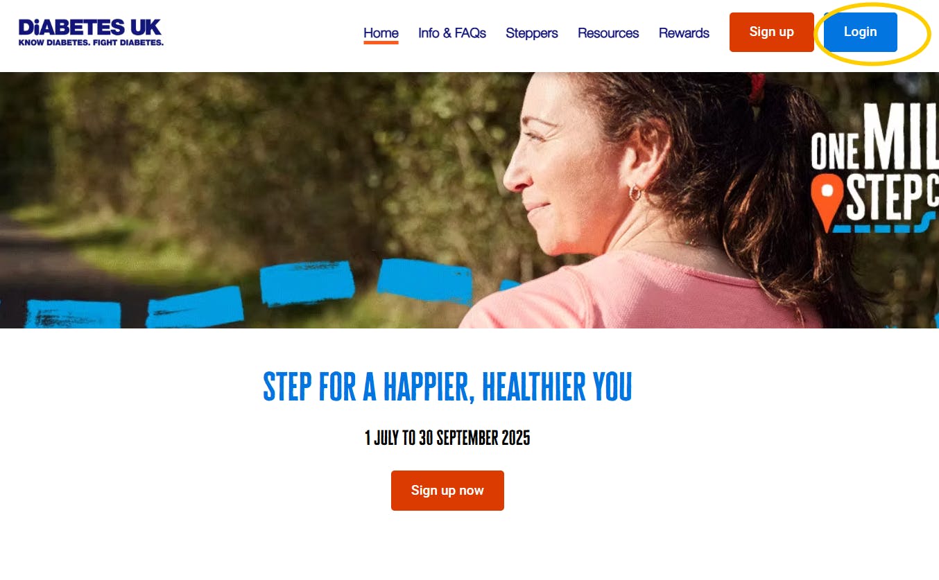 Screenshot of home page with circle around the word "login"