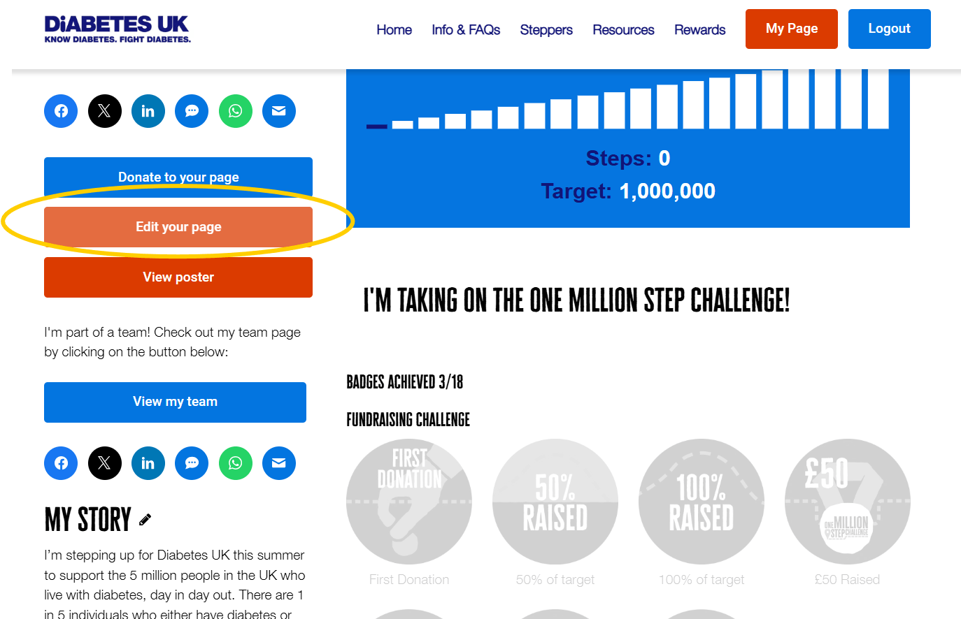Screenshot of homepage with the 'edit page' button highlighted in a circle 