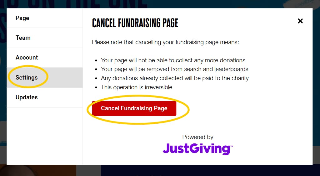 screenshot of 'settings' page on the justgiving profile page showing the options available