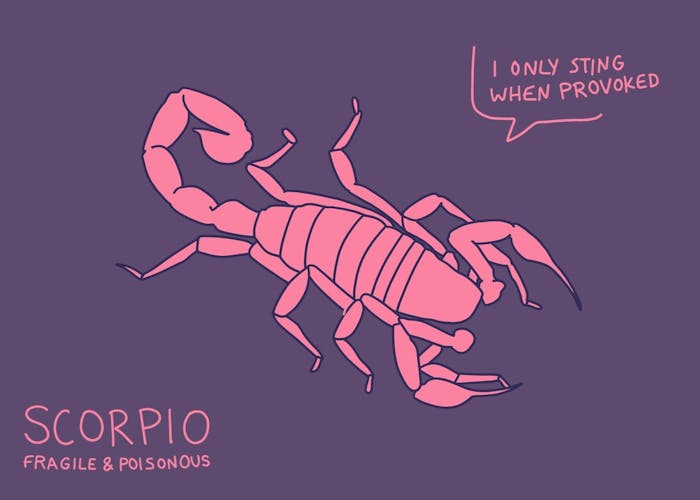 Illustration of a scorpion with the text 'Scorpio, Fragile & Poisonous' and the scorpion is saying 'I only sting when provoked'