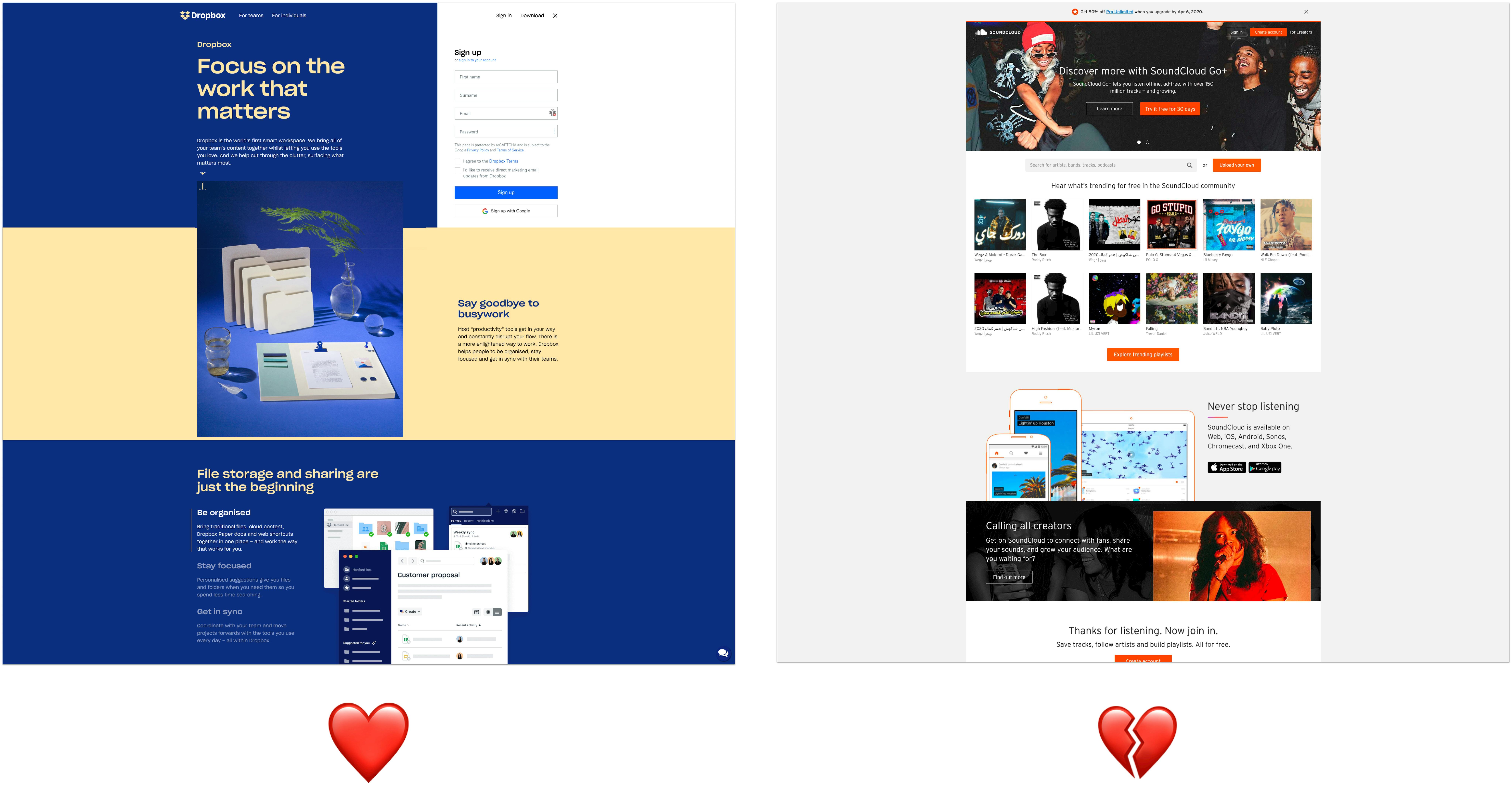Dropbox vs Soundcloud Homepage