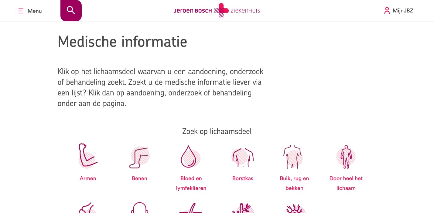 Zoeken op lichaam op de website Jeroen Bosch Ziekenhuis