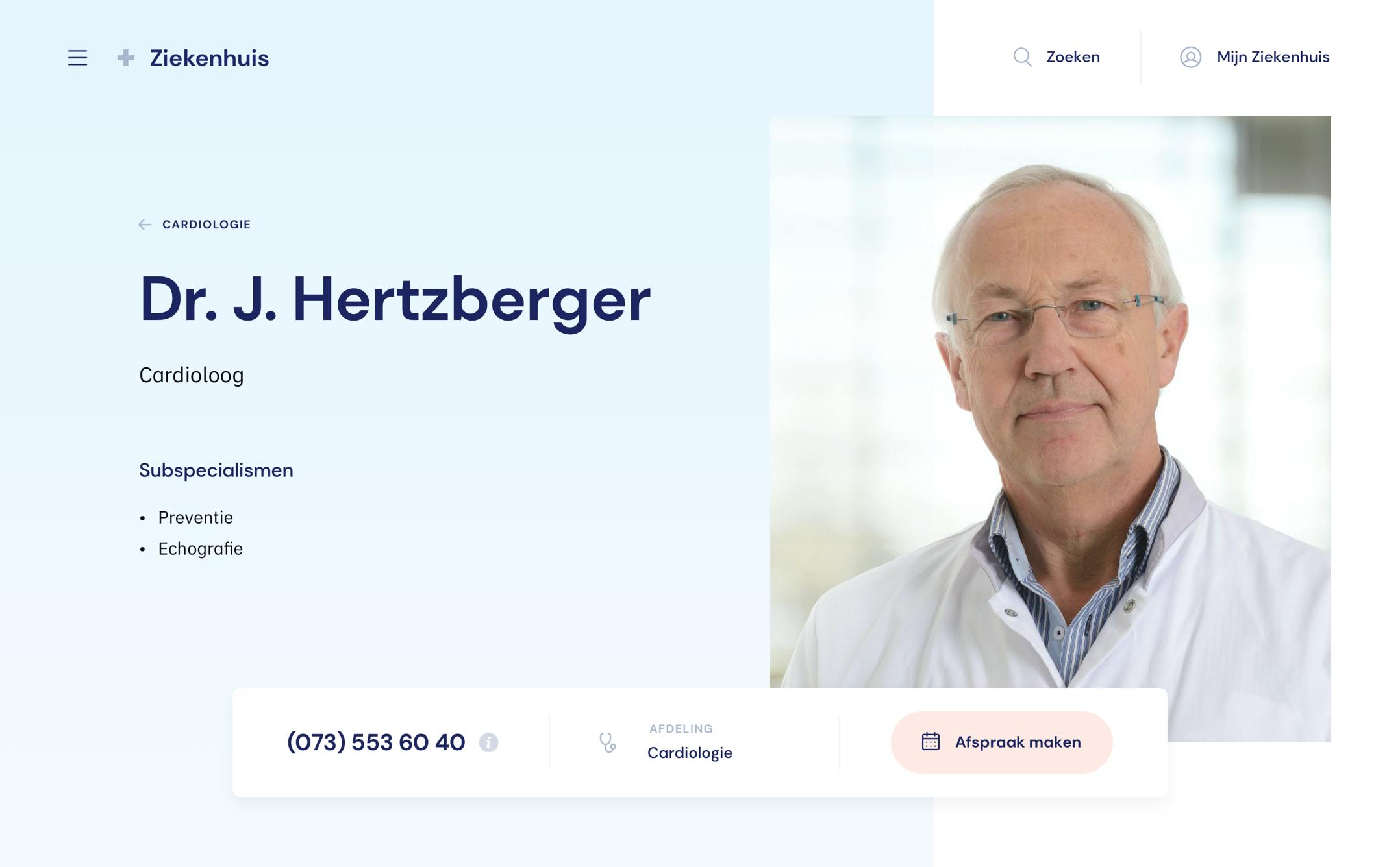 Artsenpagina op een ziekenhuiswebsite