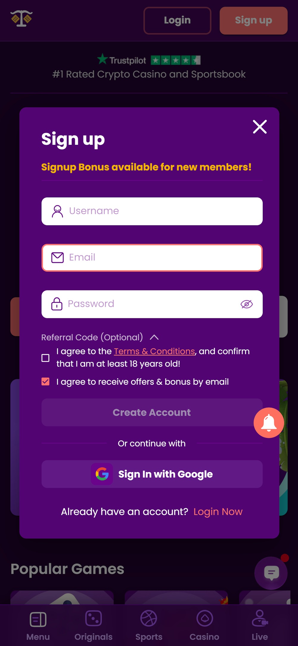 Sign up for TrustDice