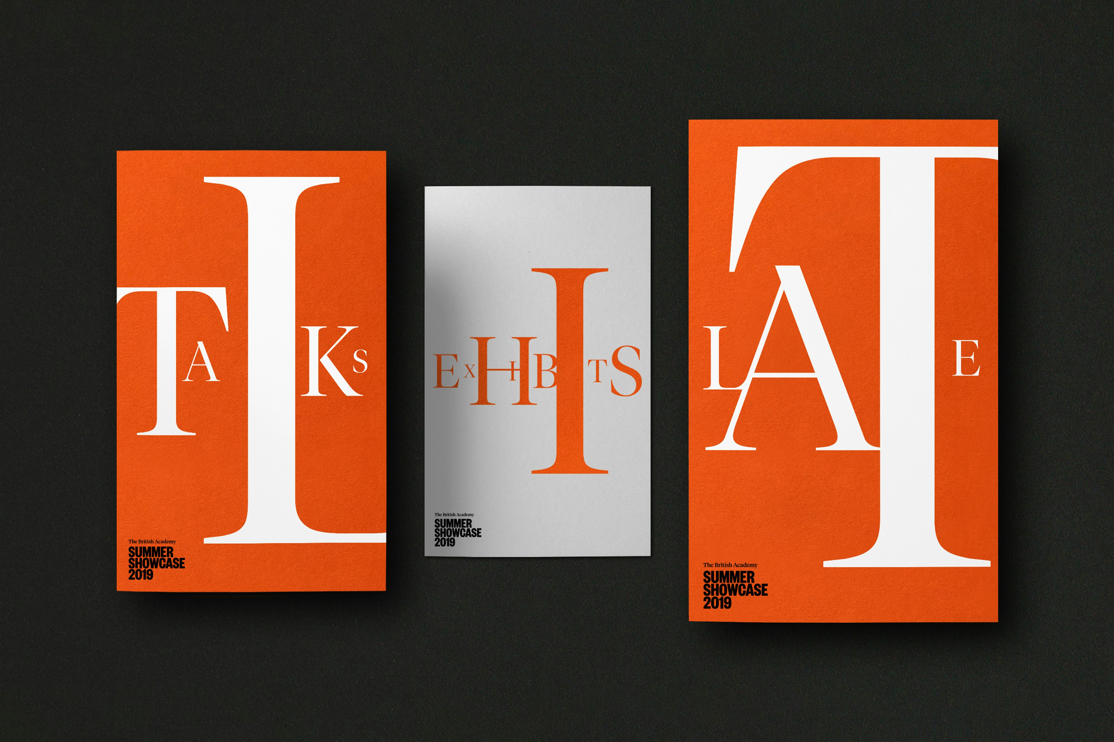 Designs for brochures for talks, exhibits and a late night show at the British Academy Summer Showcase.
