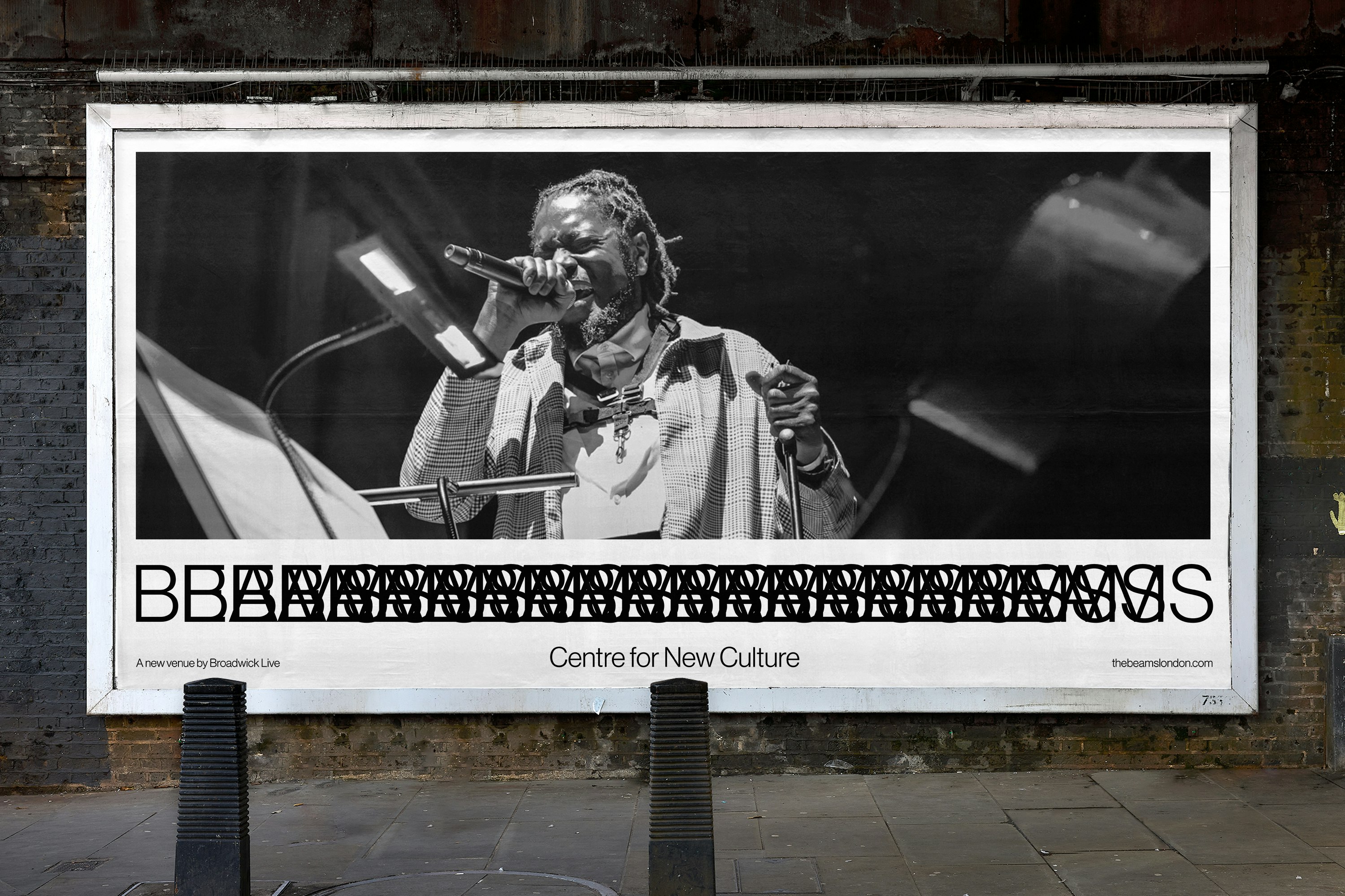An out-of-home billboard advertisement for The Beams, an event venue in London.