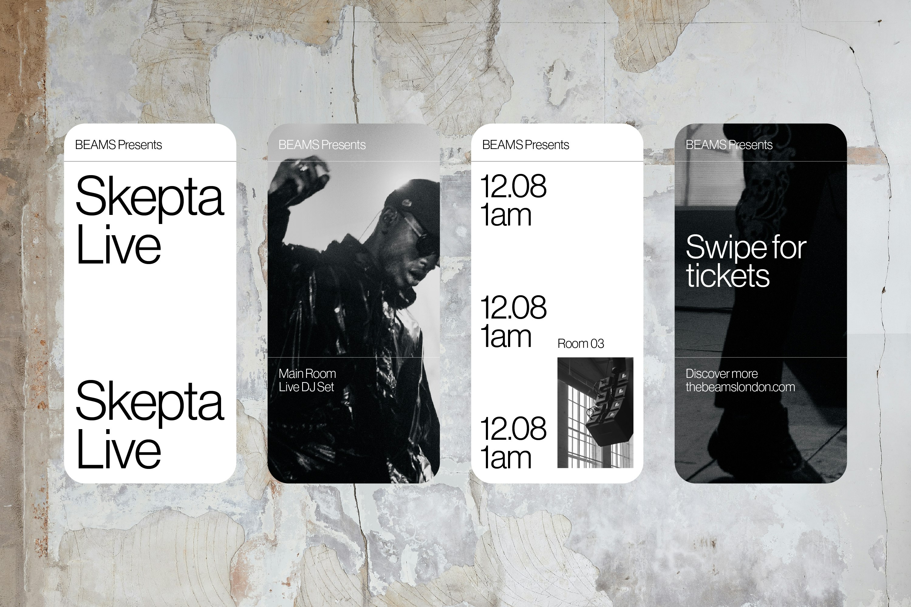 Designs for a mobile social media post advertising a Skepta event at the Beams.