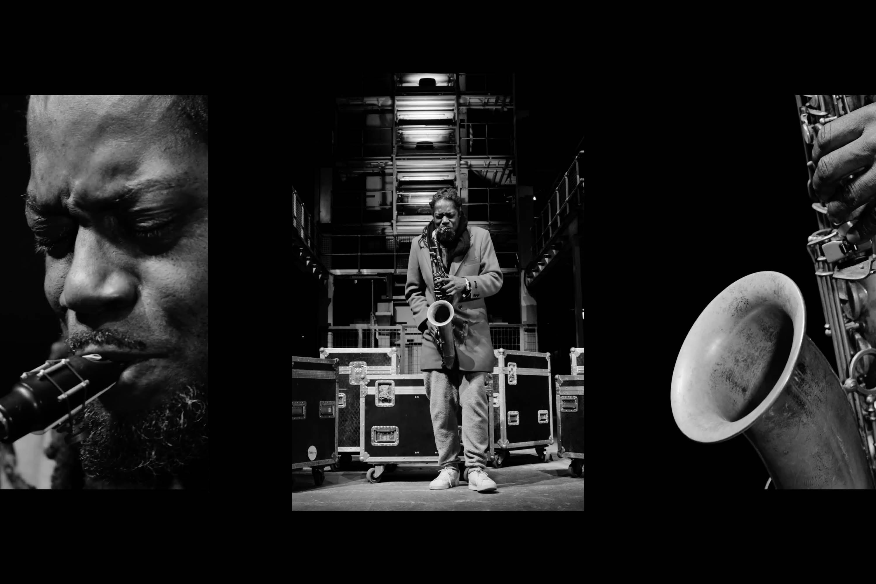 A set of three photographs depicting a saxophonist at Printworks London.