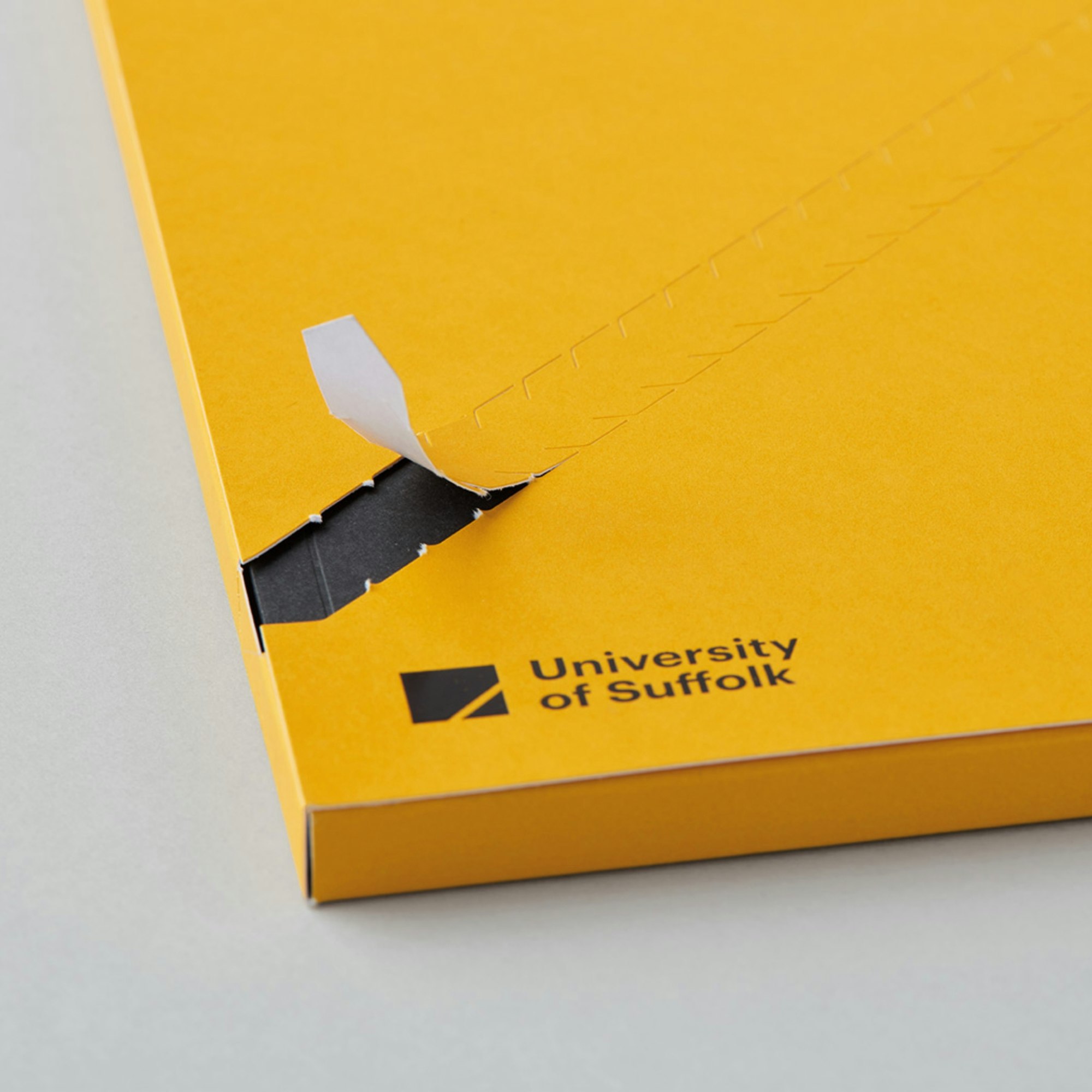 An image of a University of Suffolk pack in a cardboard folder, with the seal peeled back.