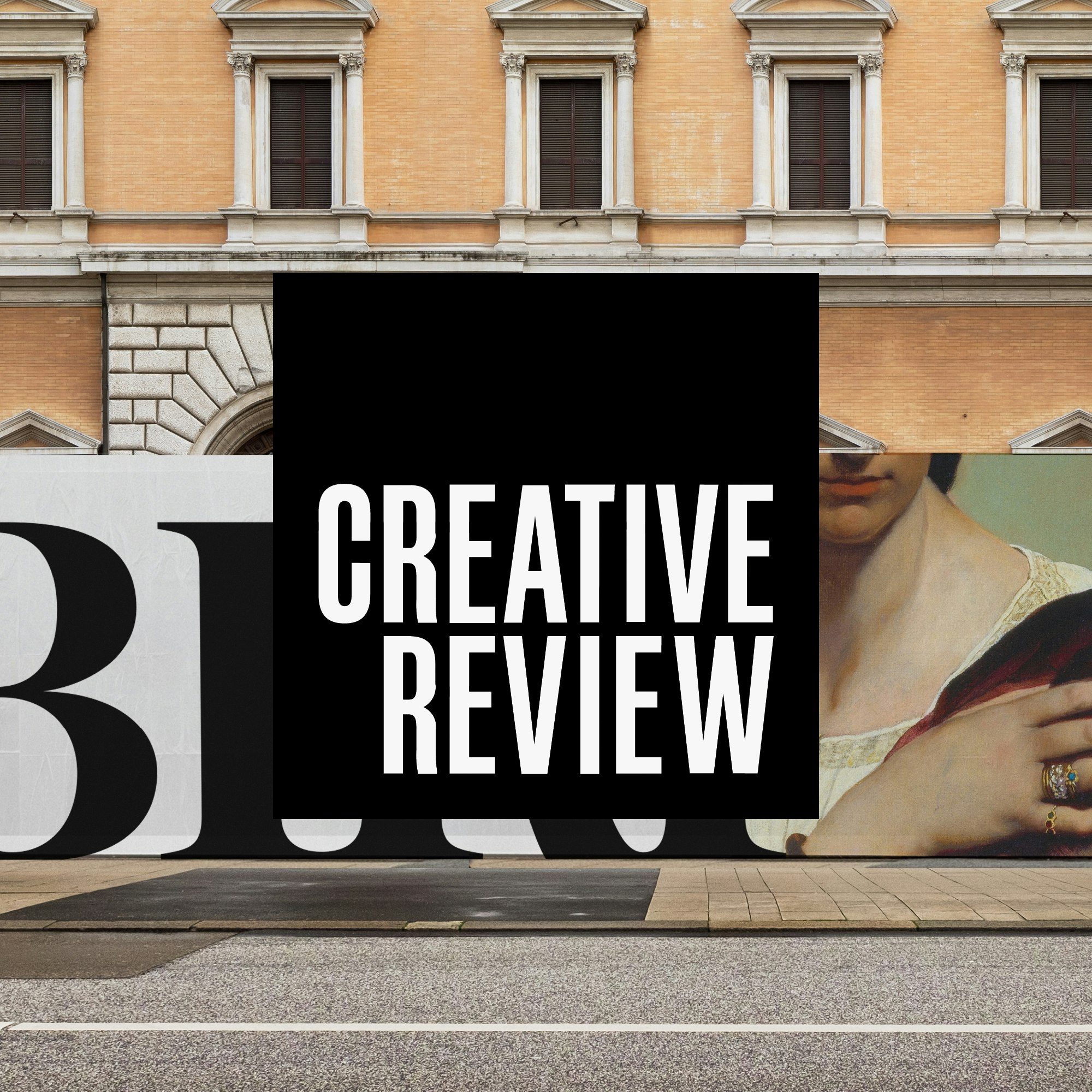 The Creative Review logo overlaid over a digitally created photograph of hoarding with elements of the BIRI brand identity on it.