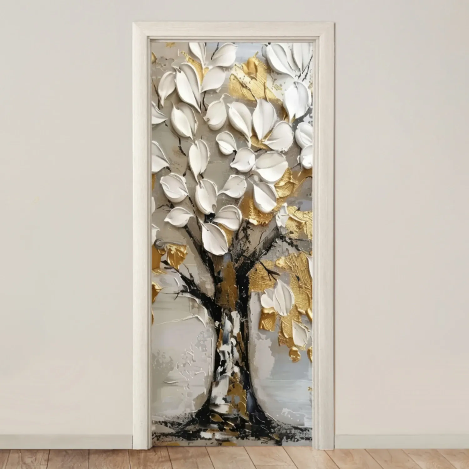 Deursticker - Boom - Beige - Grijs - Goud - Abstract