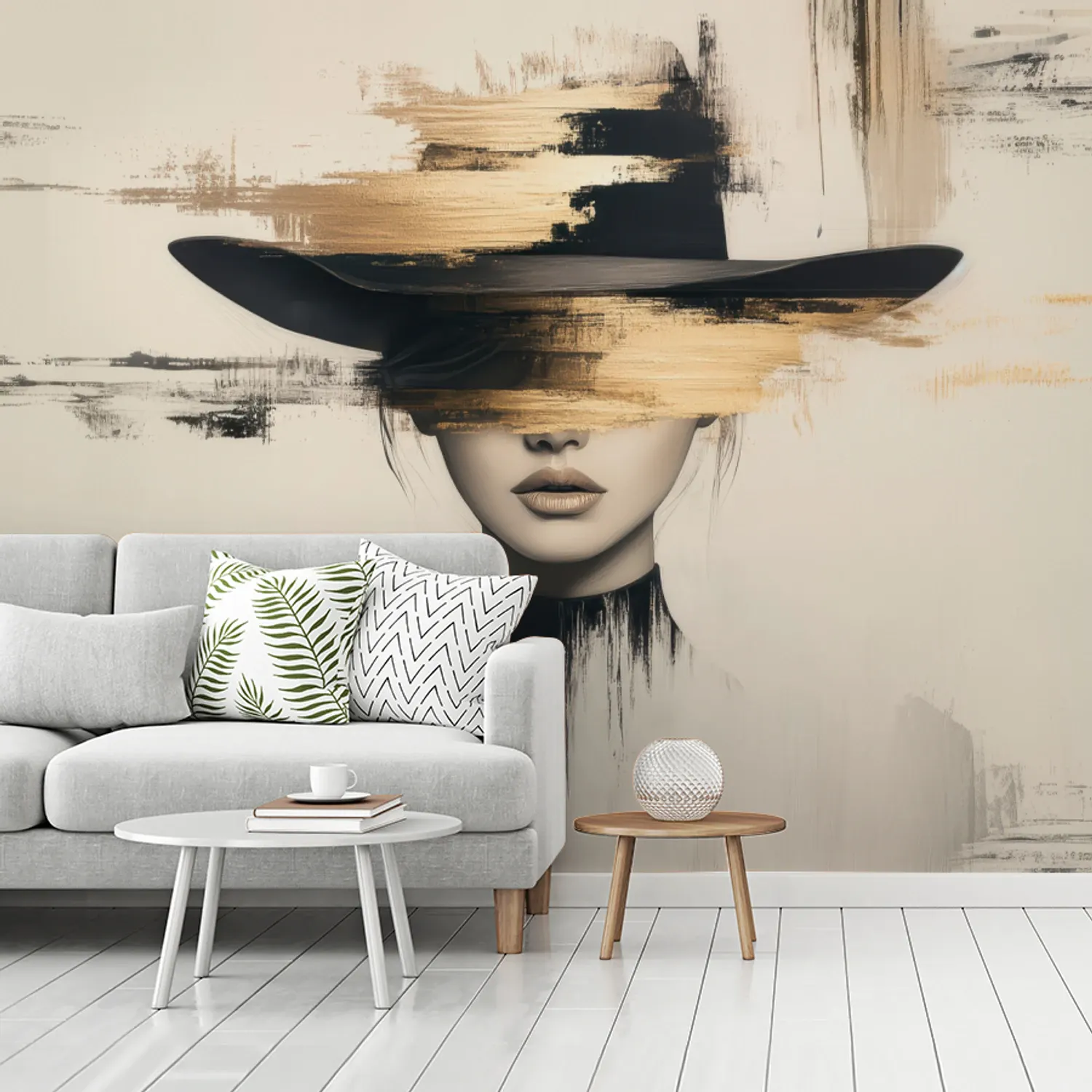 Behang - Vrouw - Hoed - abstract - Verf
