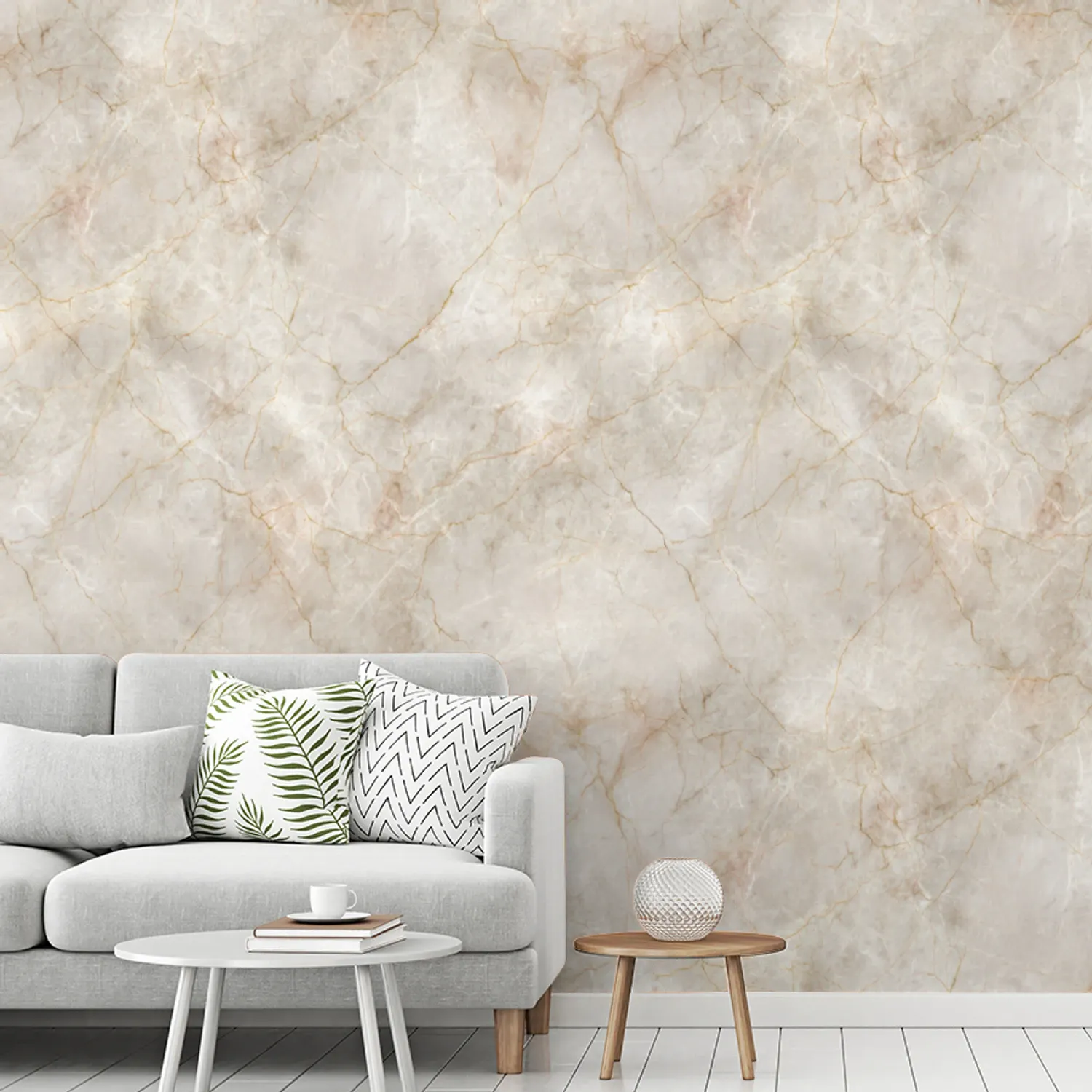 Behang - Lichtbeige - Goudbruine Nerven - Marmer