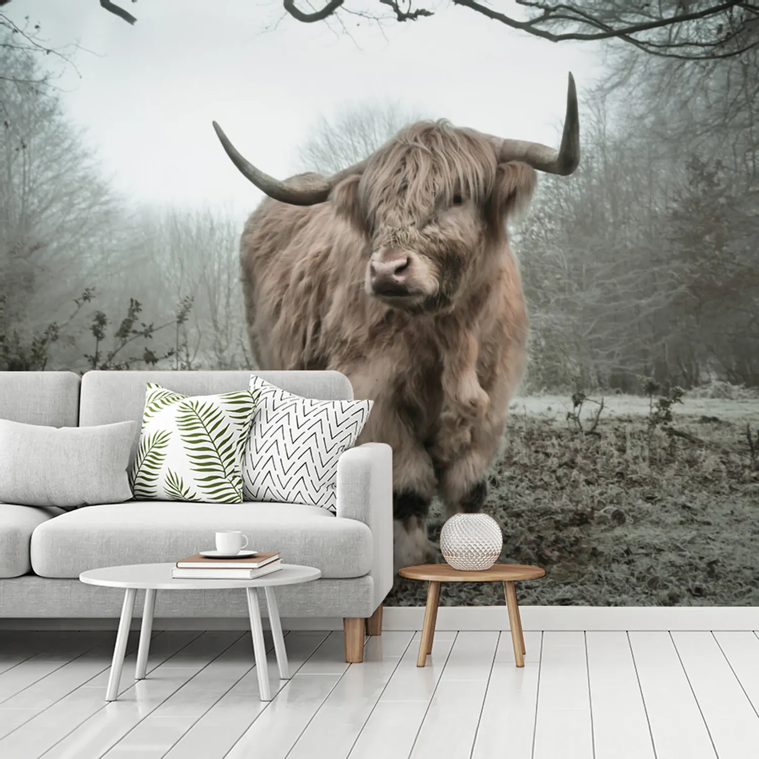 Behang - Schotse Hooglander - Bos - Mist - Koe - Dieren - Natuur
