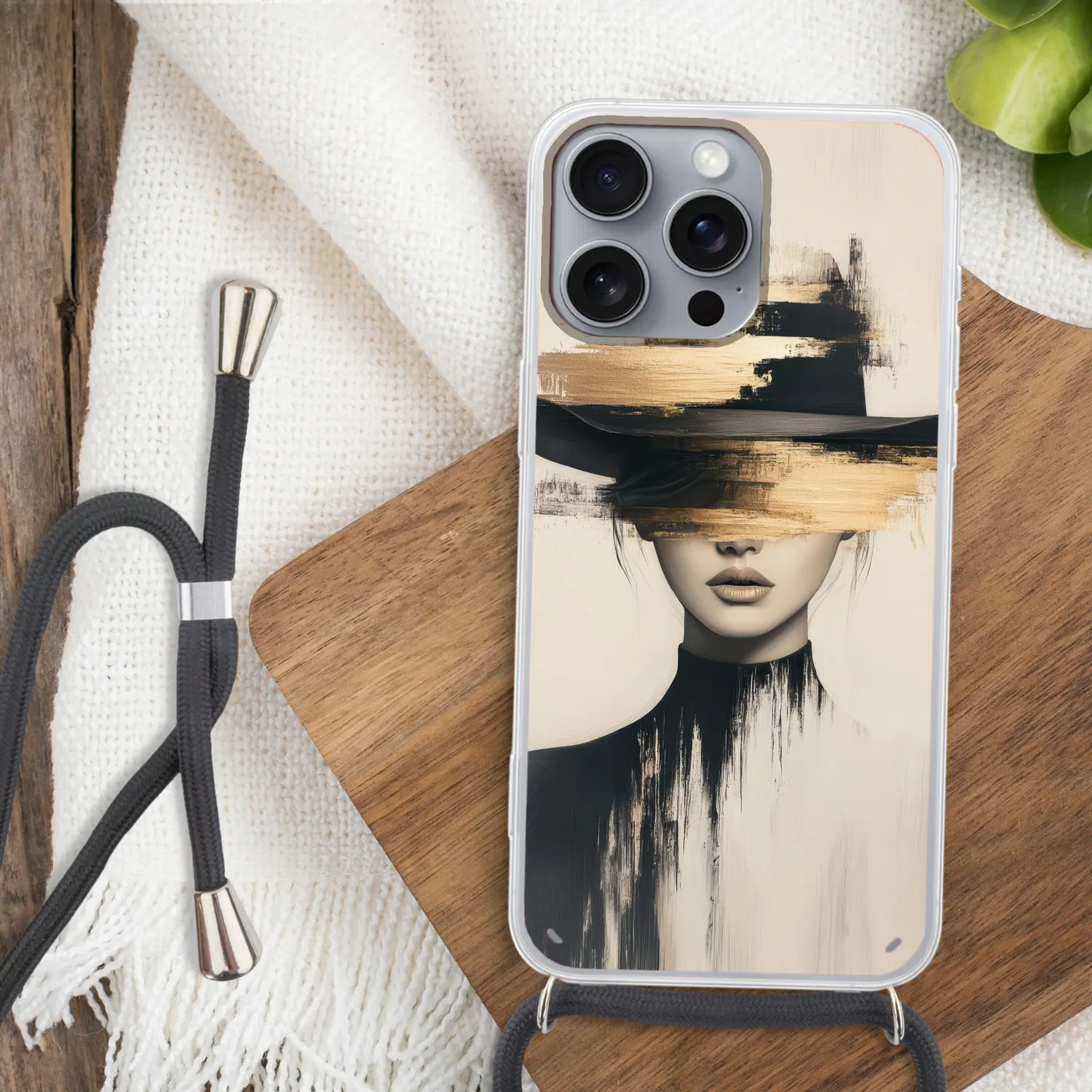 Telefoonhoesje met koord - Vrouw - Hoed - Abstract - Verf