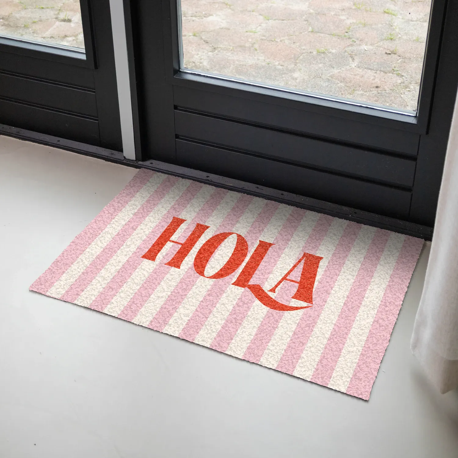 Gepersonaliseerde deurmat Hola - Quote - Strepen - Pastel - Roze - Rood - Wit
