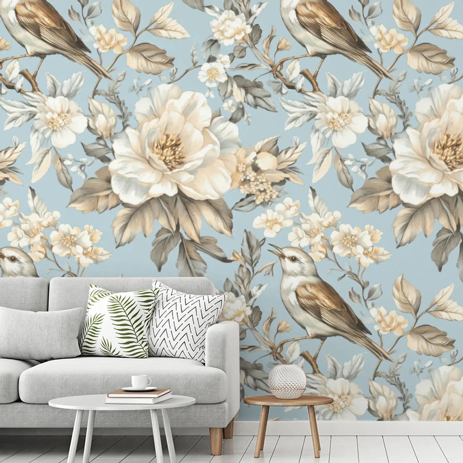 Behang - Botanisch - Zangvogel - Blauw