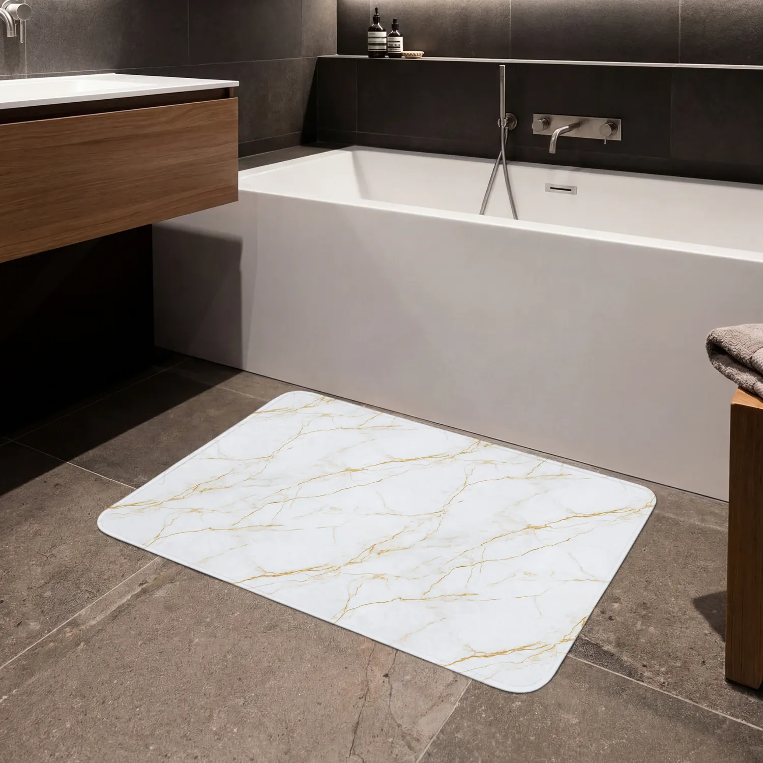 Badmat - Wit - Marmer - Goud - Luxueus
